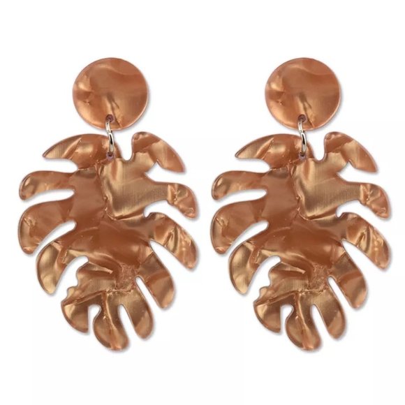 Monstera Leaf Tropical Golden Bronze Resin Tortoise Shell Earrings - Picture 1 of 5